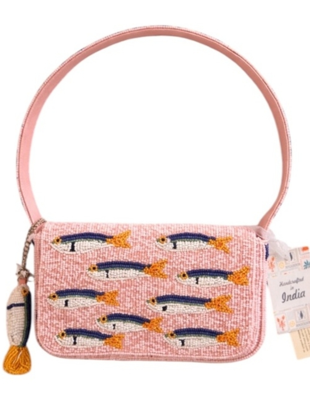 💕▪️Made In India▪️ Pink Sardine Beaded Fish Shoulder Bag - Picture 1 of 5